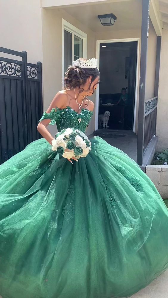 Off The Shoulder Green Ball Gown Sweet 16 Dress - VelvetHem