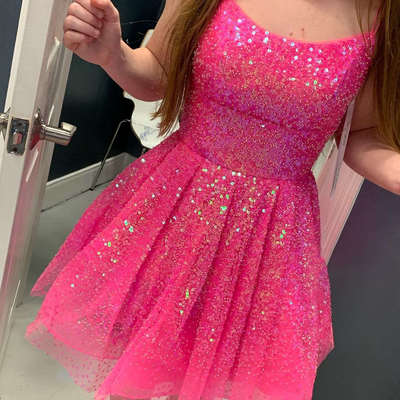 Glitter Straps Hot Pink Short Homecoming Dress - FashionDia