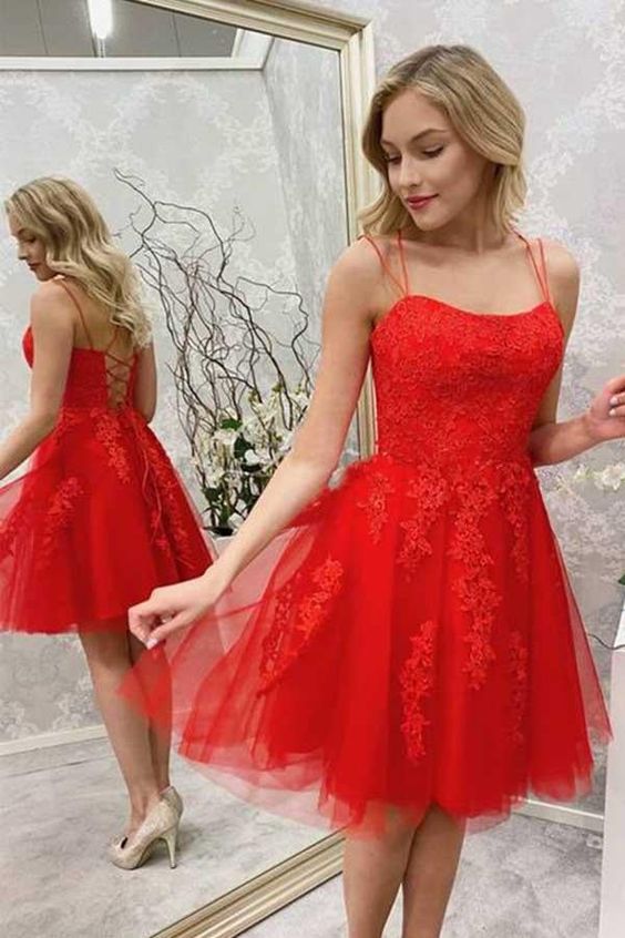 Red Lace Applique Spaghetti Straps Homecoming Dresses, Red Tulle Short Prom Dress,Cocktail Dress - FashionDia