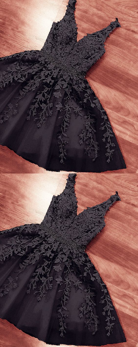 Short Black Lace Embroidery V-Neck Homecoming Party Dress A-Line Party Dress - FashionDia