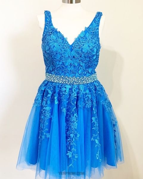 Blue Tulle V-Neck Classic Lace Appliqued Homecoming Dress With Beading Belt - FashionDia