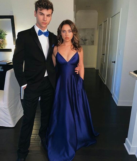 Chic Spaghetti Straps V-Neck Satin Simple Long Prom Dresses - FashionDia