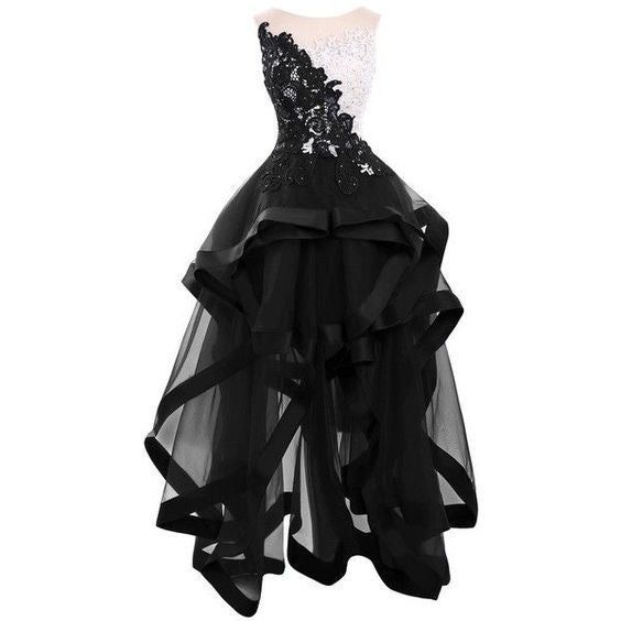 Black Lace Appliques Homecoming Dresses,Elegant Round Collar Sleeveless Party Dresses,Tulle High-Low Homecoming Dresses - FashionDia