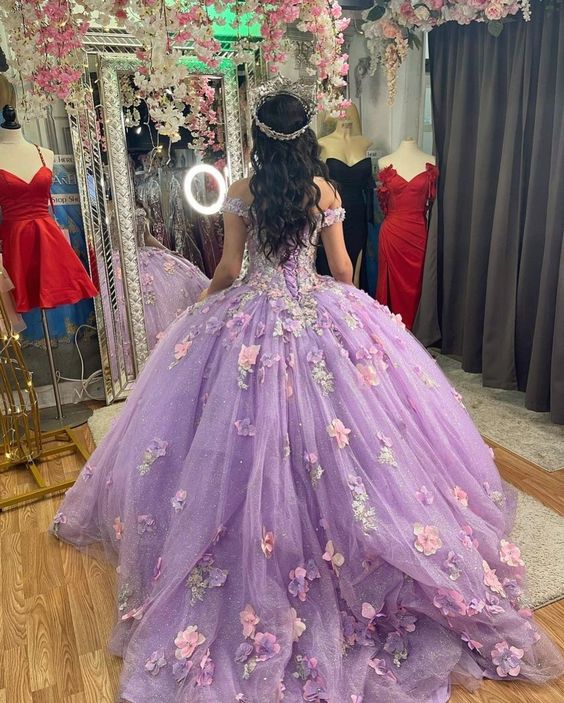 Lilac Quinceanera Dress With Flowers Ball Gown Sweet 16 Dress Elegant Tulle Ball Gown 3D Flowers Princess Evening Dress 15 Lovely - View 2 | FashionDia