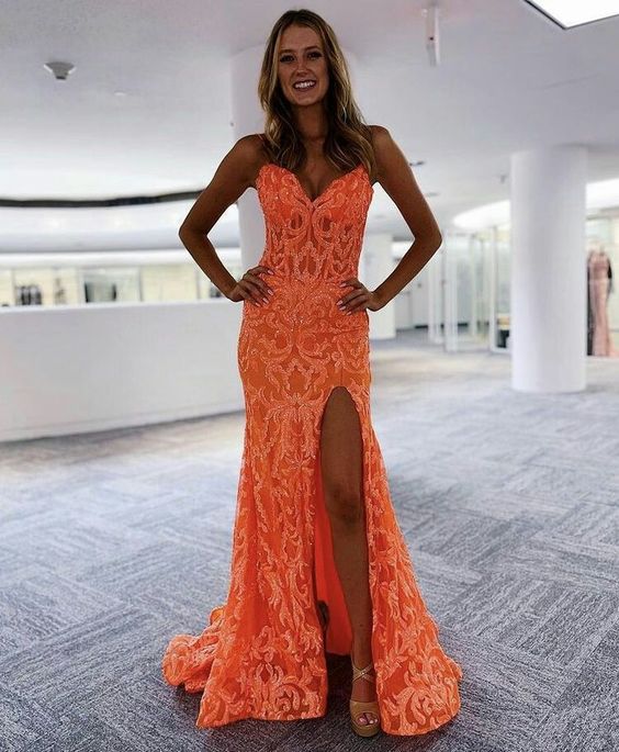 Beautiful Sheer V-Neck Orange Prom Dress Lace Applique Orange Evening Dress - FashionDia