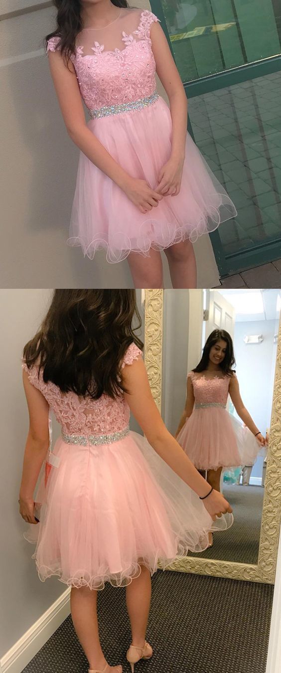 A-Line Illusion Bateau Cap Sleeves Pink Homecoming Dress with Beading - FashionDia