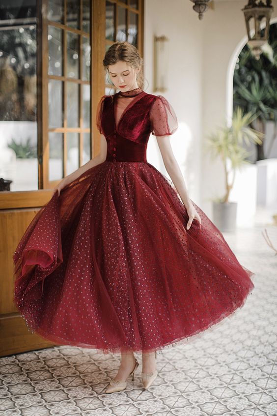 Elegant A-Line short prom dress burgundy evening dress - FashionDia