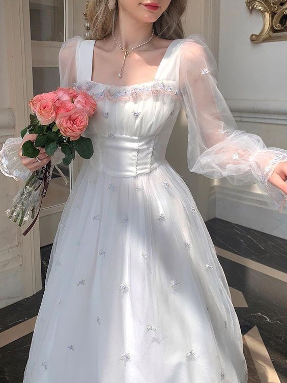 White Mesh Fairy Dress Woman French Vintage Embroidery Floral Flare Sleeve Princess Prom Dresses - FashionDia