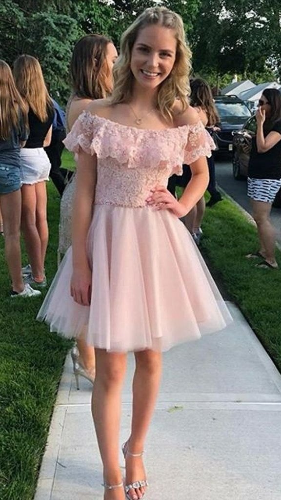Cute Off-the-Shoulder Lace Top Tulle Homecoming Dress - FashionDia