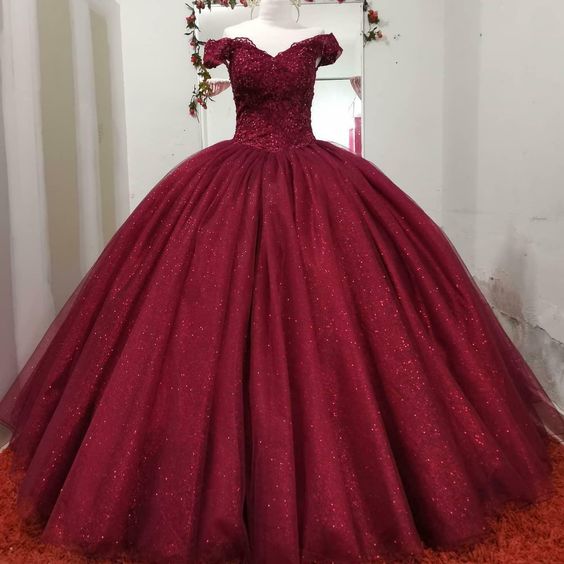 Burgundy Off-the-Shoulder Quinceanera Dresses Ball Gown Lace Prom Sweet 16 Dress - FashionDia