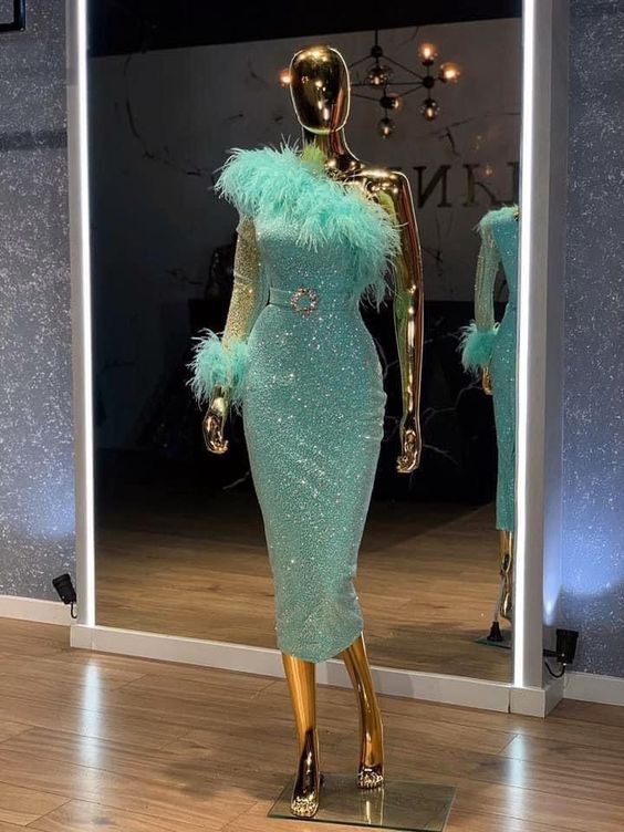 One-Shoulder turquoise sequins prome dress - FashionDia