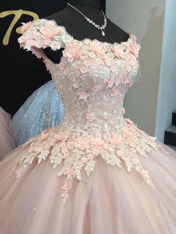Pink Long Sweet 16 Dress Evening Party Celebrity Gown Ball Gown With Flowers Cap Sleeves - FashionDia