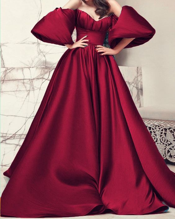 New Puffy Sleeves Prom Dresses Satin Long - FashionDia
