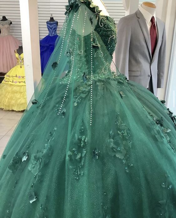 Emeral Green Ball Gown 3D Flowers Sweet 16 Dress