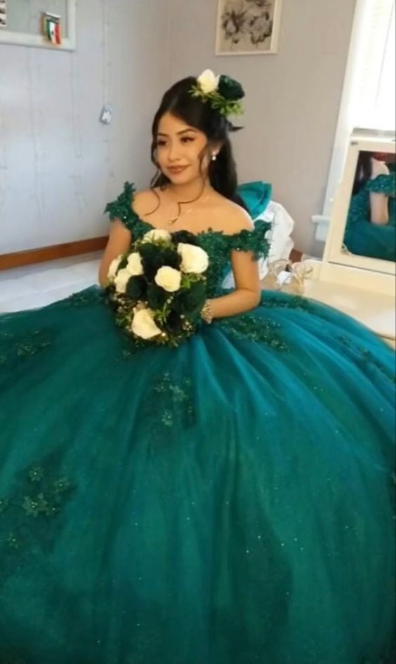 Off The Shoulder Green Ball Gown Sweet 16 Dress - VelvetHem