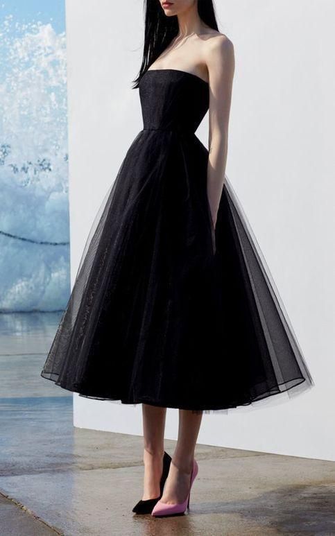 Simple A-Line black tulle strapless prom dress - FashionDia