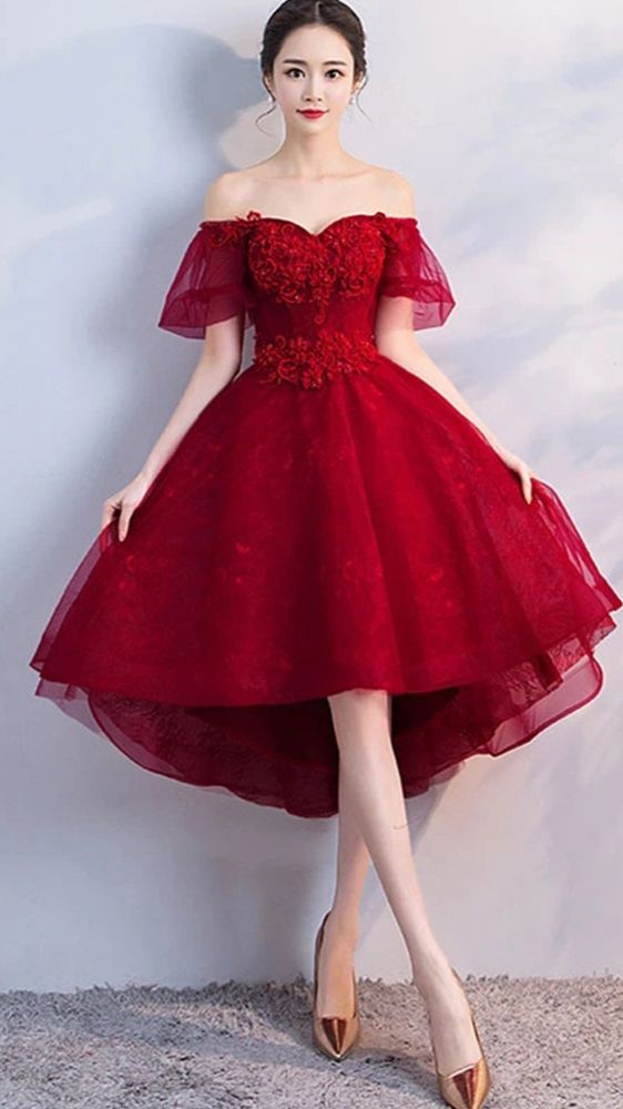 Burgundy tulle short prom dress, hi-low homecoming dress - FashionDia