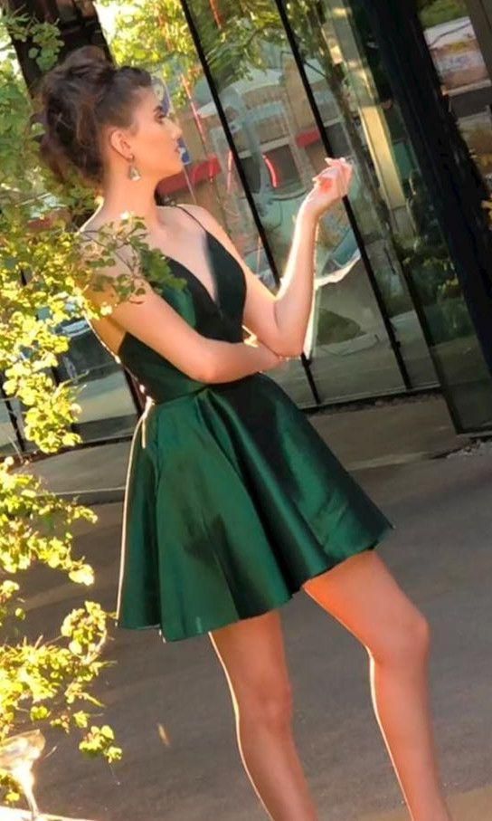 Deep V-Neck Spaghetti Straps Short Satin Dark Green Pleated Homecoming Dresses - FashionDia
