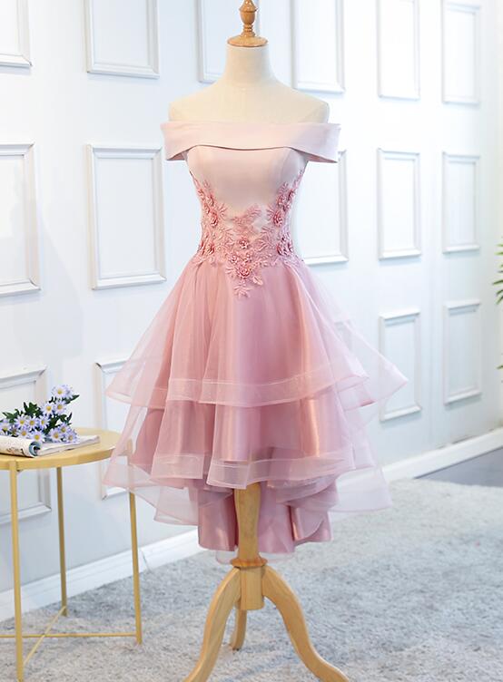 Lovely Off-the-Shoulder Tulle Pink Layers Homecoming Dress, High-Low Party Dress - FashionDia