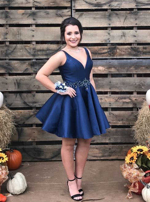 Blue Satin V-Neck With Beading Short Homecoming Dress - FashionDia