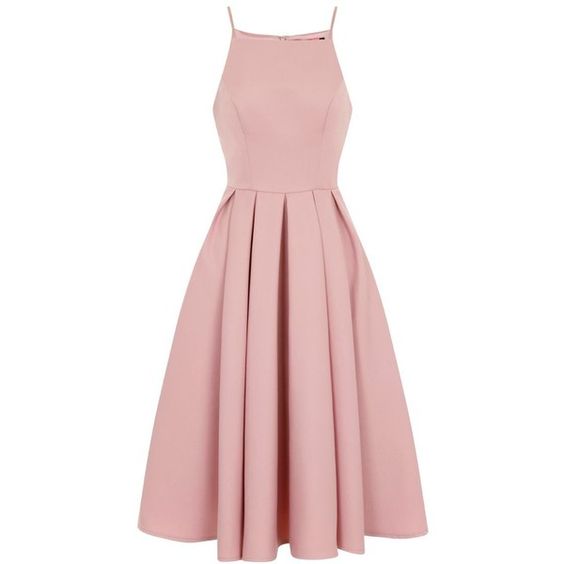 Pink Midi Pleated Skater Dress Featuring Halter Neck and Spaghetti Straps Homecoming Dress Simple Party Dress - FashionDia