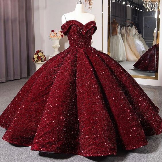 Burgundy Quinceanera Dress Off The Shoulder Sequins Ball Gown Sweet 16 Dress - VelvetHem