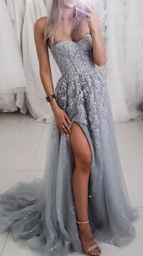 Gray tulle lace long A line prom dress evening dress - VelvetHem