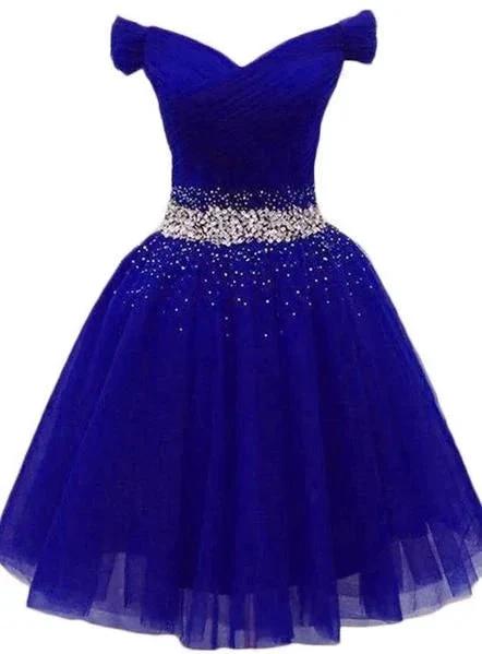 Charming Royal Blue Tulle Party Dress Beaded Short Homecoming Dress (ZD12515)