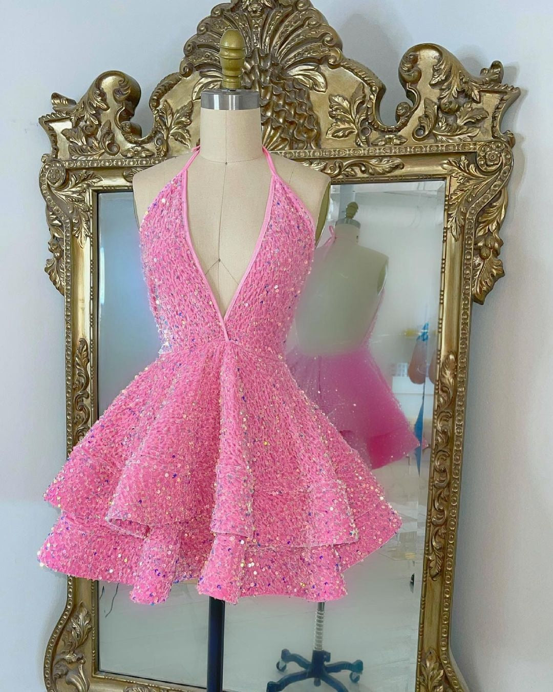 Sweet Girl Sequin Party Dress V-Neck Ruffle Long Mini Dress Custom Back to School Dress - FashionDia