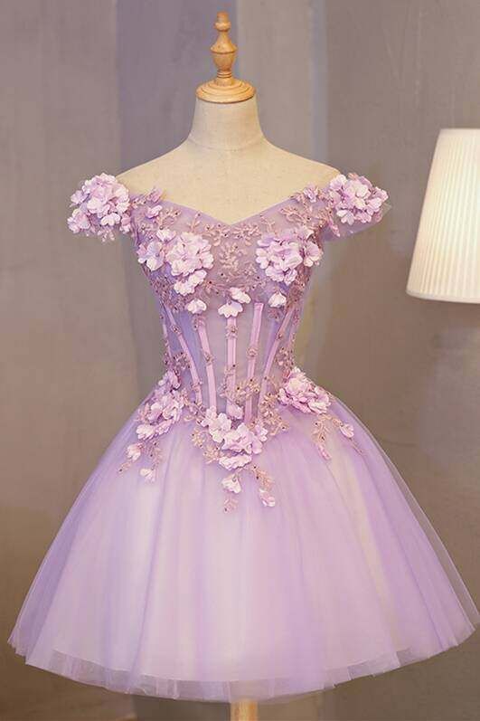 Off-the-Shoulder Light Purple Flower Homecoming Dress - FashionDia