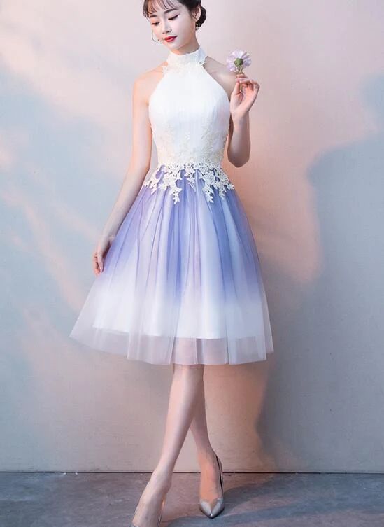 Cute Halter Tulle A-Line Knee Length Party Dress, Light Purple Homecoming Dress - FashionDia