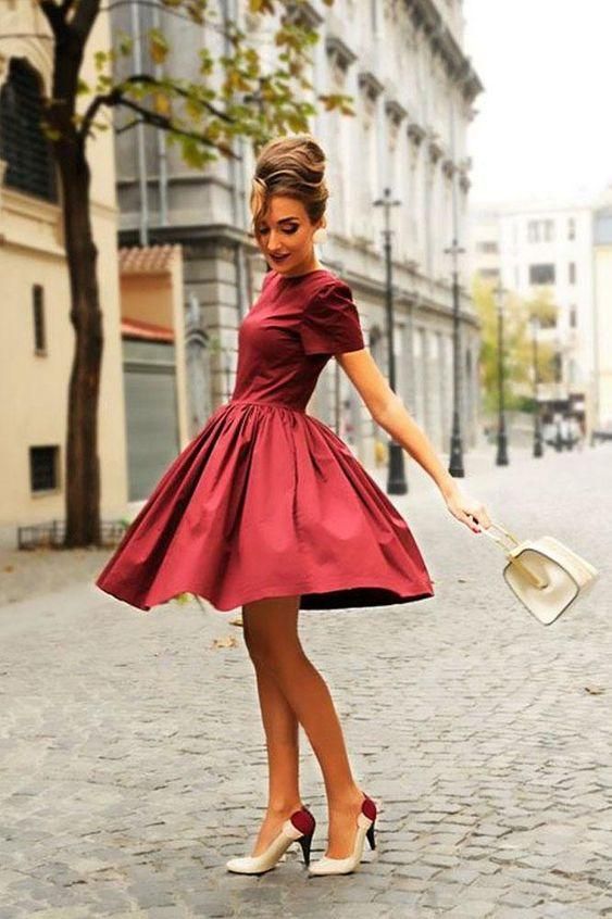 Cute A-Line Short Sleeves Burgudny Homecoming Dresses - FashionDia
