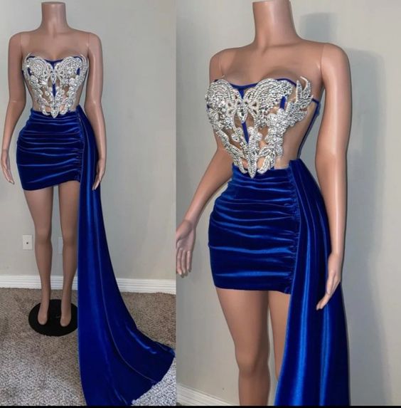 Applique dress with detachable train royal blue velvet see-throught party dress - FashionDia