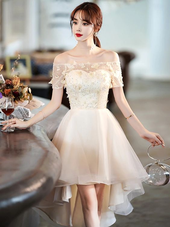 Light Champagne Tulle Short Sleeves High-Low Homecoming Dress, Short Party Dress - FashionDia