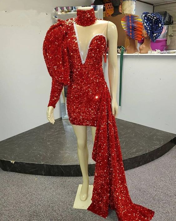 Stunning Red Sequins Short Prom Dresses With High Neck Party Prom Dresses With Long Train - FashionDia