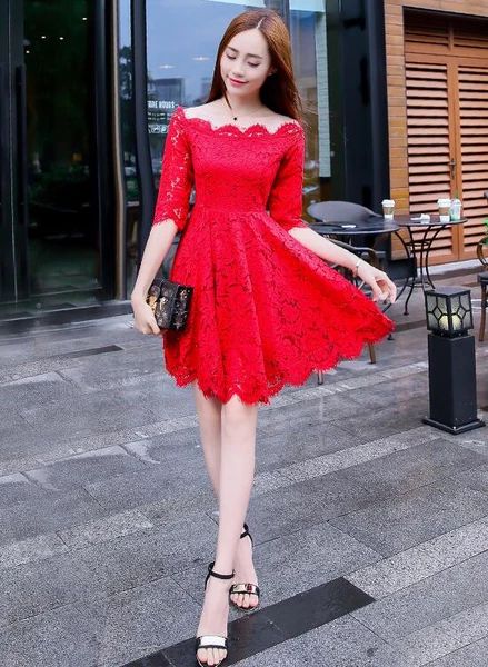 Lovely Red Lace Short Sleeves Party Dress, Chic Red Off-the-Shoulder Homecoming Dress - FashionDia