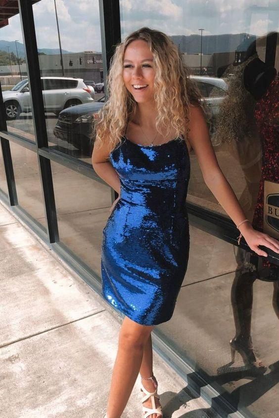 Navy Blue Sequins Homecoming Dress - FashionDia