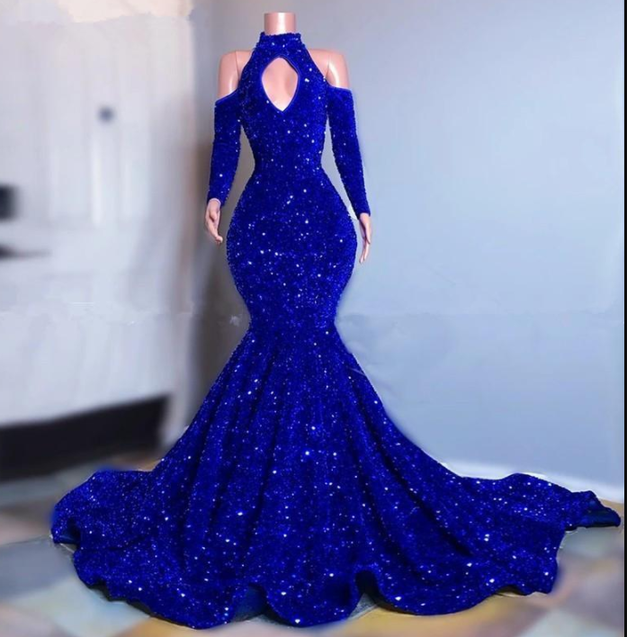 Plus Size Royal Blue Sparkly Sequins Prom Dresses Long Sleeves Mermaid Evening Gowns Elegant Off Shoulder Women Formal Dress Y1271 - View 2 | VelvetHem