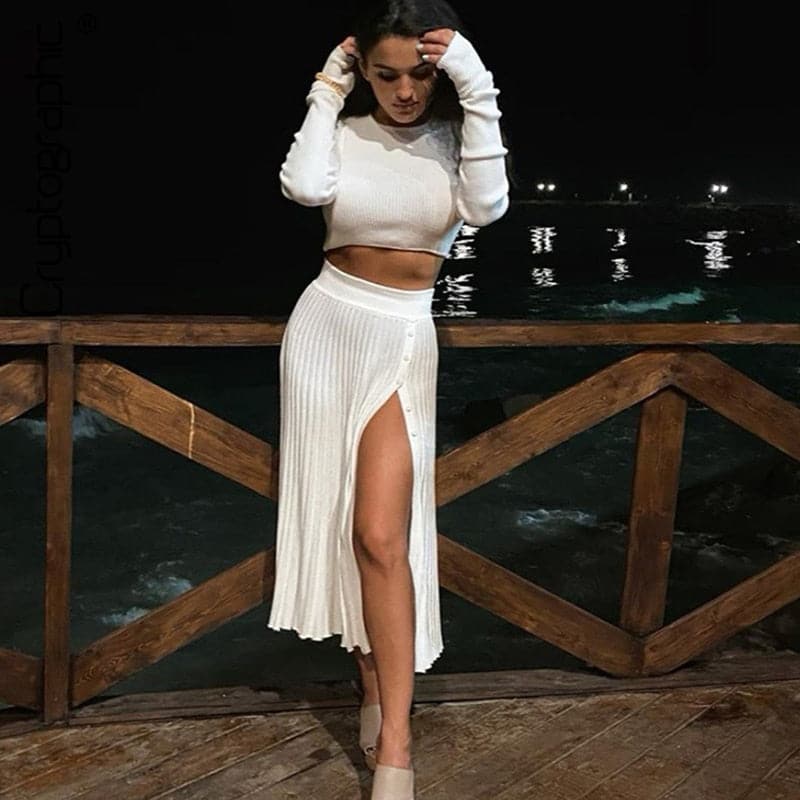 DressBetty - Solid Sweater Cropped Top Midi Skirt Two Piece Set Women Matching Set Outfits Button Up Split Skirts Winter