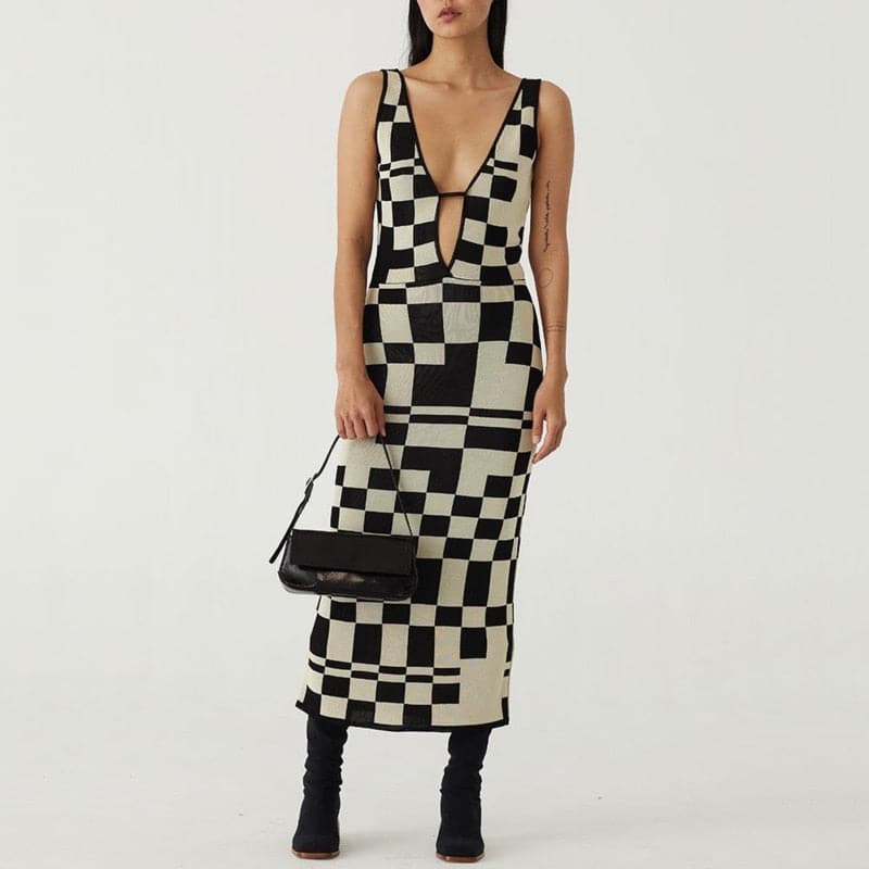 DressBetty - Backless Plaid Print Spaghetti Strap Hollow Out Vestidos Maxi Dress