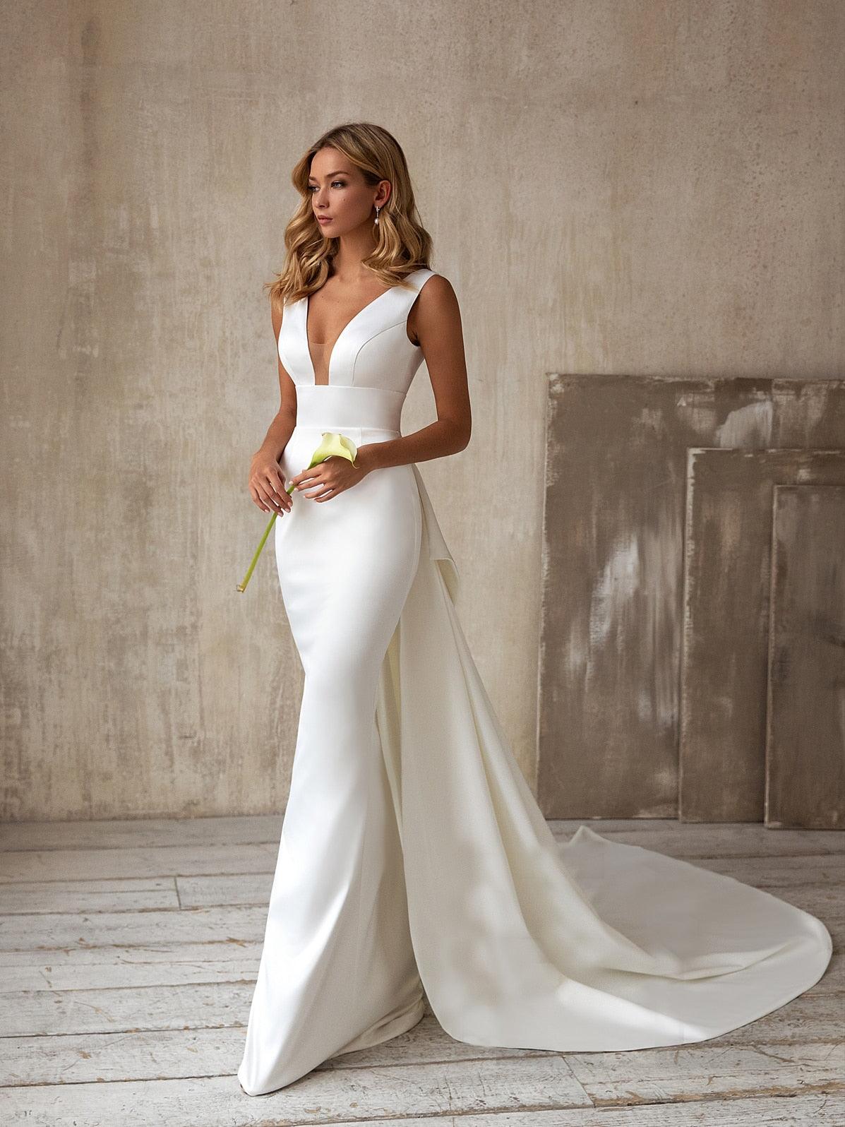 Simple Elegant Satin Mermaid Wedding Dress Detachable Bowknot Overskirt 2025 Bow Bridal GownPlus Size - VelvetHem