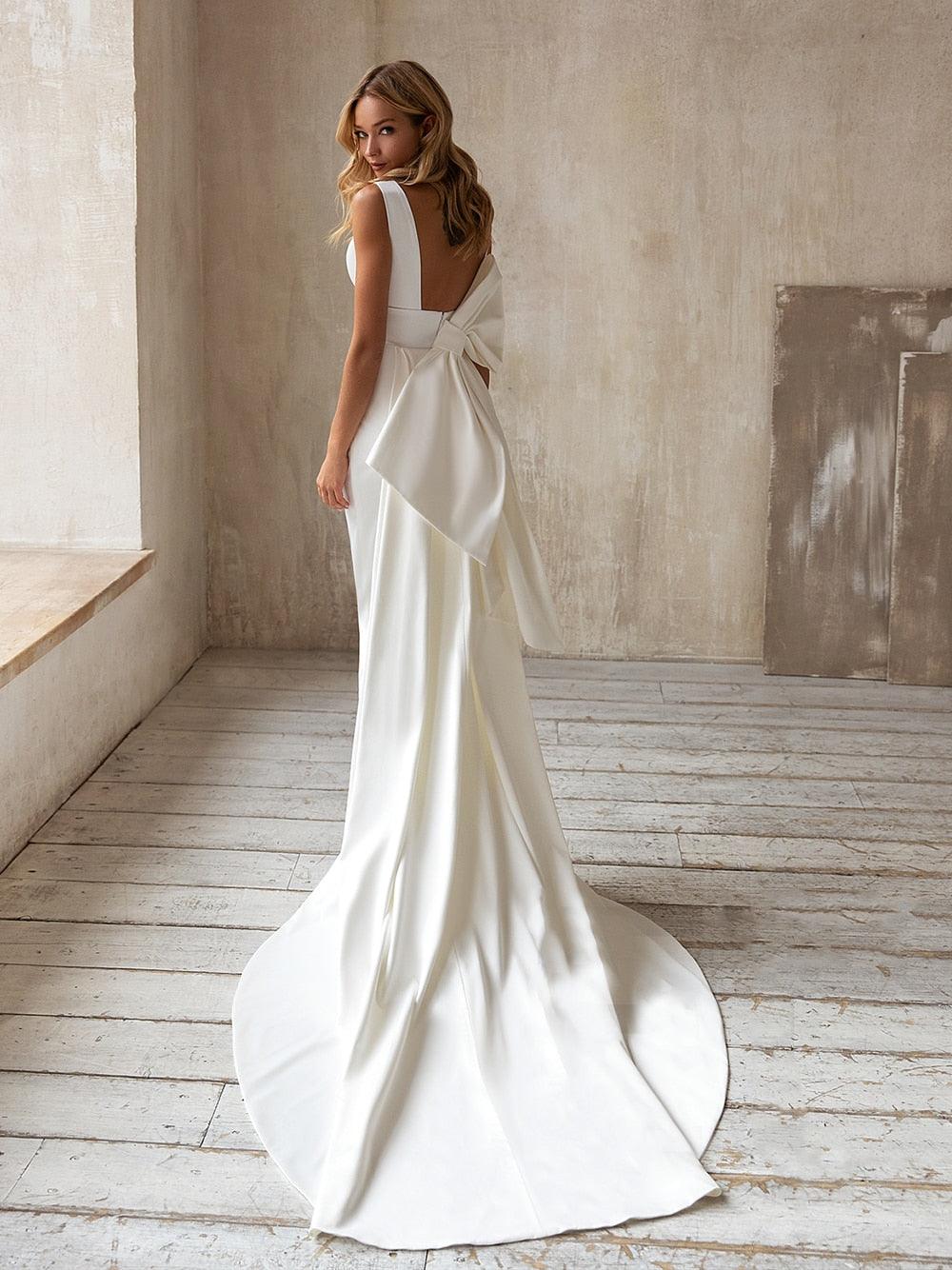 Simple Elegant Satin Mermaid Wedding Dress Detachable Bowknot Overskirt 2025 Bow Bridal GownPlus Size - View 2 | VelvetHem