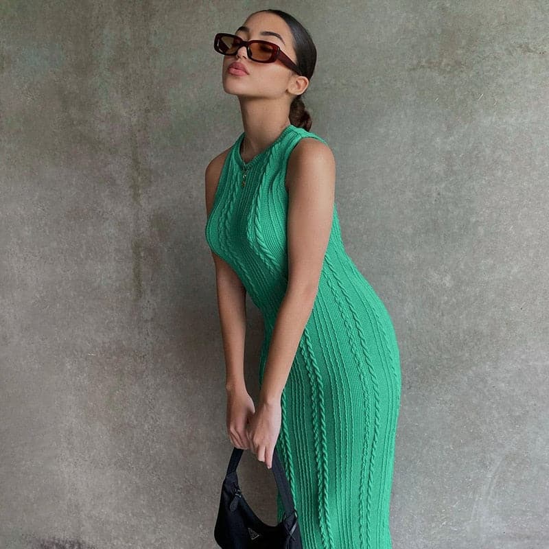 DressBetty - Solid Color Knitted Sleeveless Round Neck Dress - VelvetHem