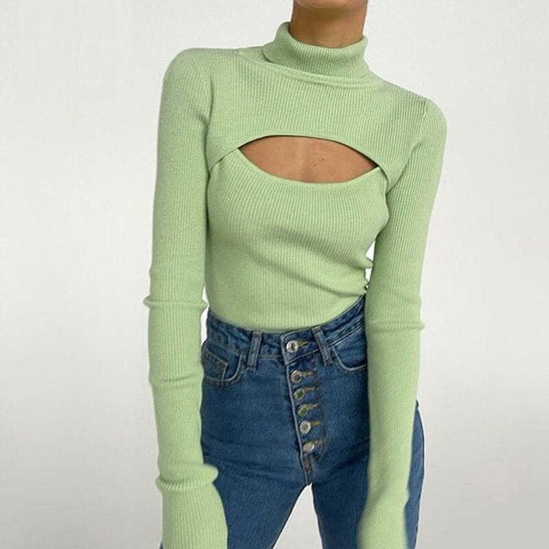 DressBetty - Women's Long Sleeve Slim Turtleneck Pullovers Autumn New Solid Hollow Out Fashion Sweater Ladies Ofiice Lady Clothes - VelvetHem