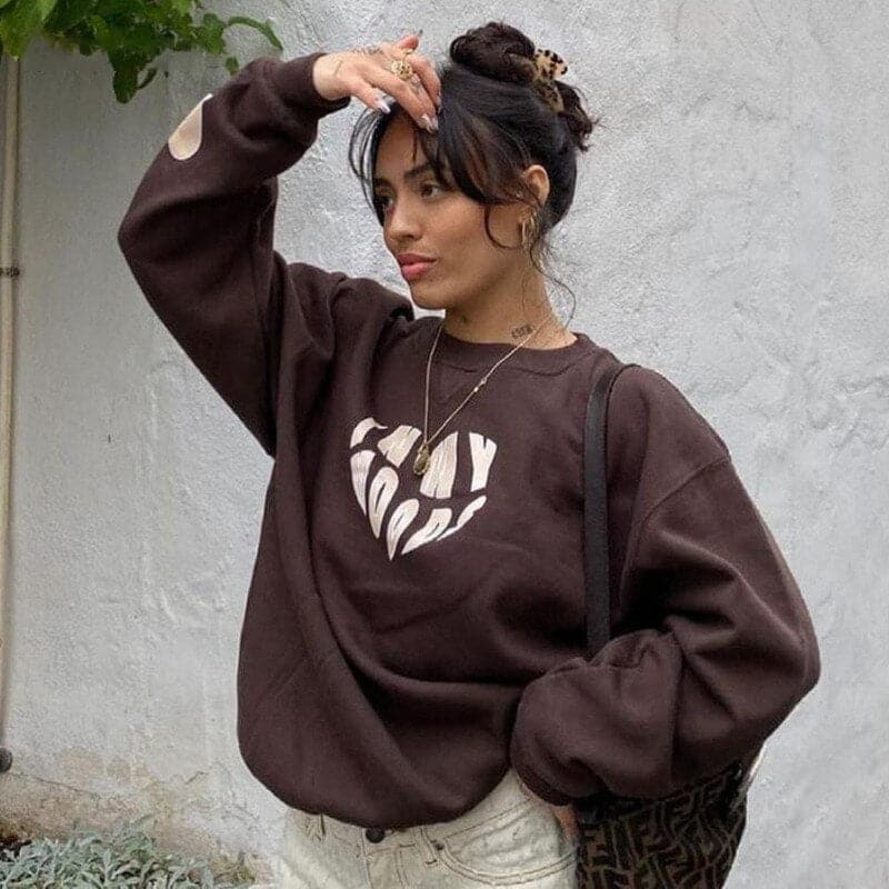 Oversized Hoodie Women Letter Heart Printed Fashion Sweatshirt Crewneck Long Sleeve Casual Pullovers Autumn Pullovers