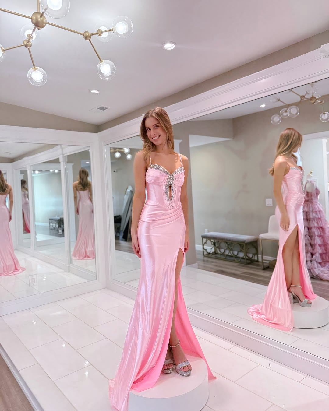 Pink Spaghetti Straps Rhinestone Mermaid Long Prom Dresses