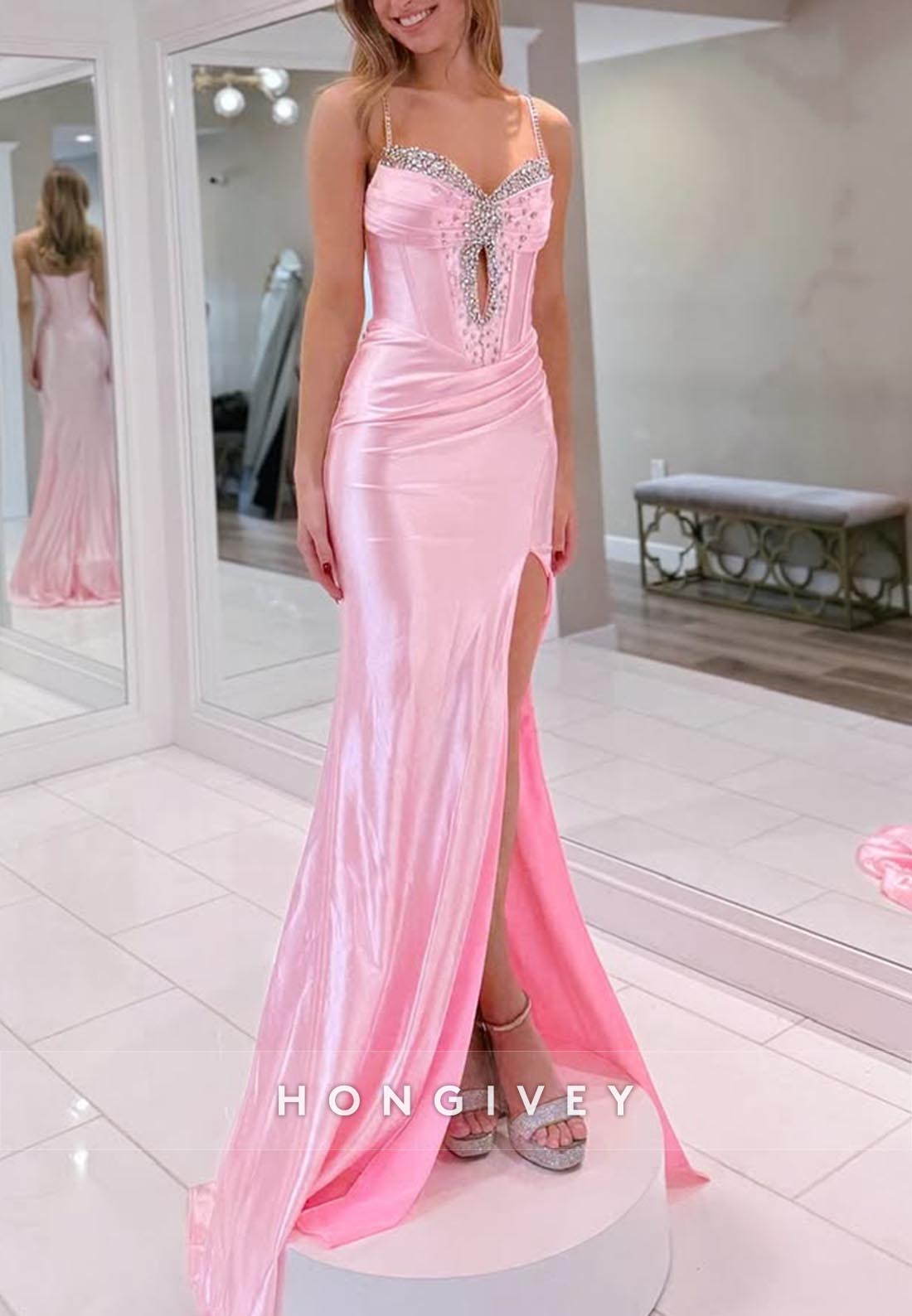 Pink Spaghetti Straps Rhinestone Mermaid Long Prom Dresses