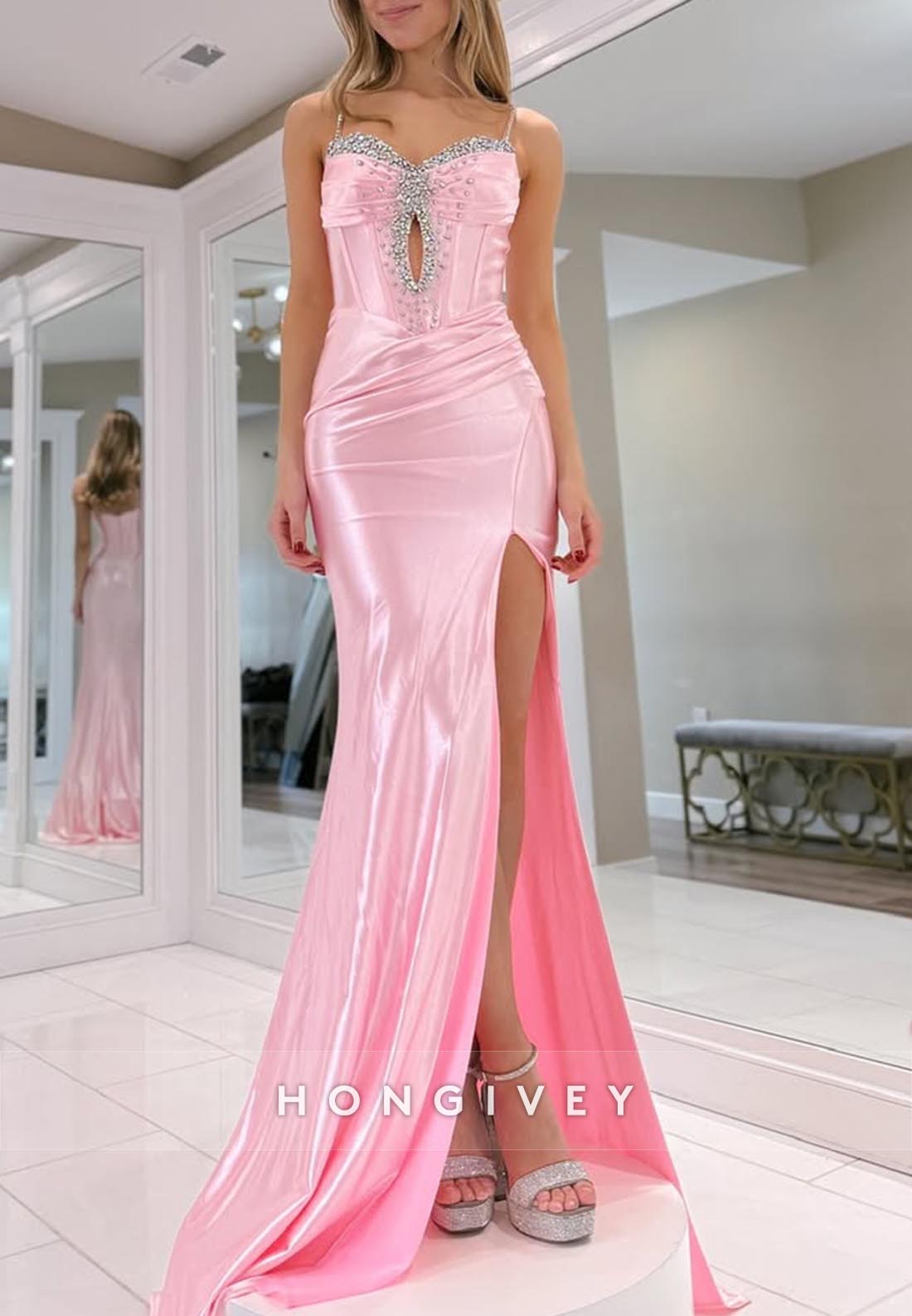 Pink Spaghetti Straps Rhinestone Mermaid Long Prom Dresses