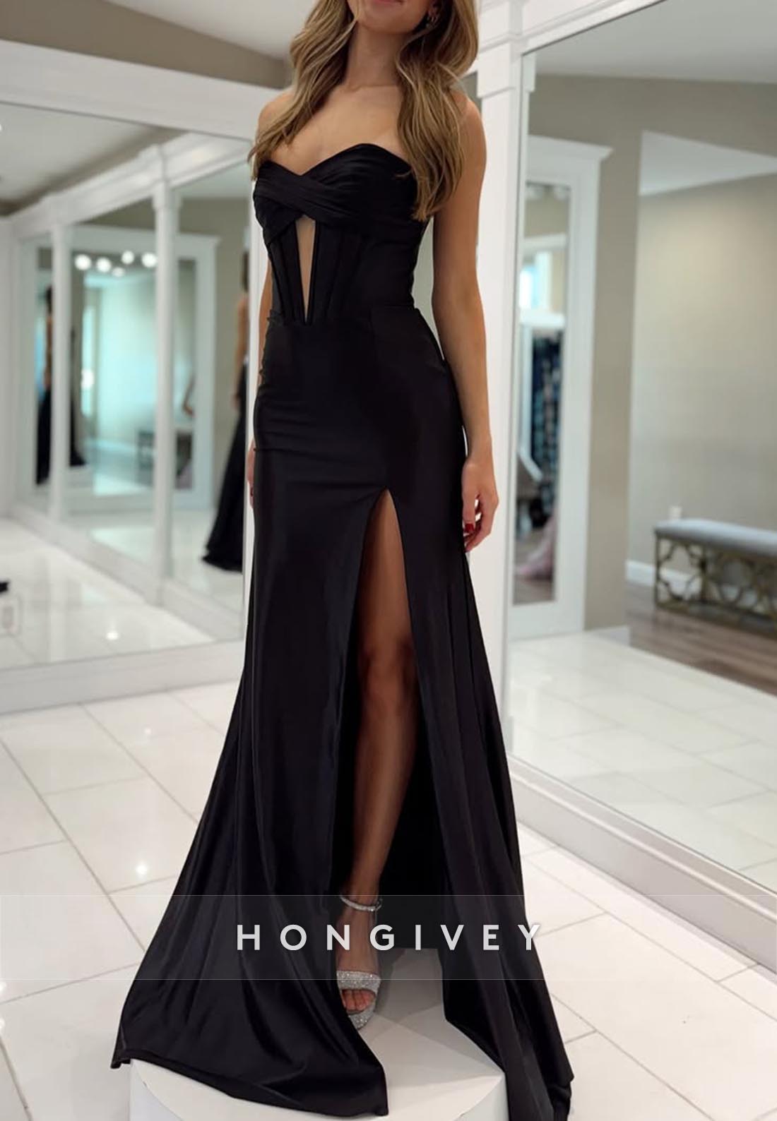 Sweetheart Ruched High Slit Mermaid Sexy Evening Prom Dresses