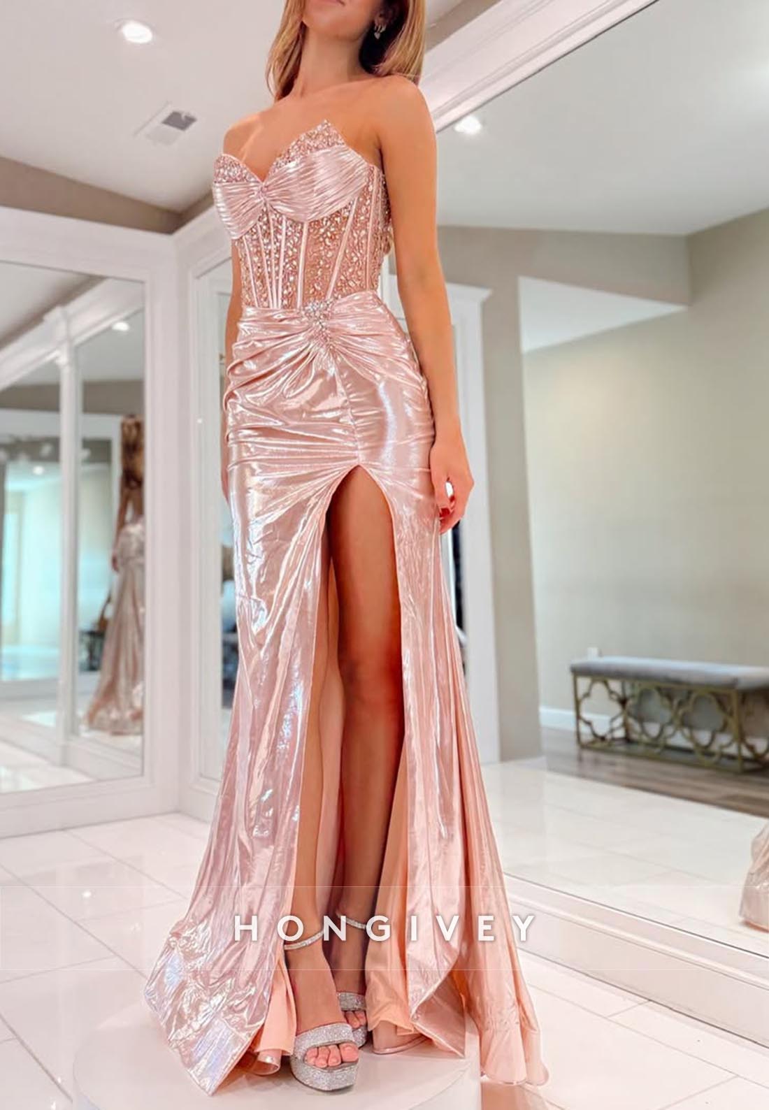 Sweetheart Corset Rhinestone High Slit Guest Long Prom Dresses With Sweep Train